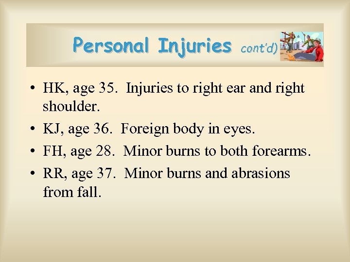 Personal Injuries cont’d) • HK, age 35. Injuries to right ear and right shoulder.