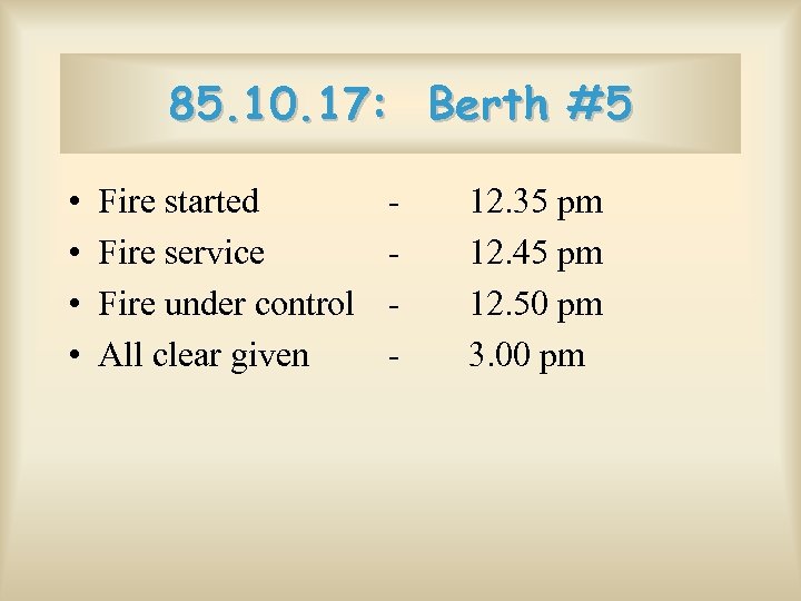 85. 10. 17: Berth #5 • • Fire started Fire service Fire under control