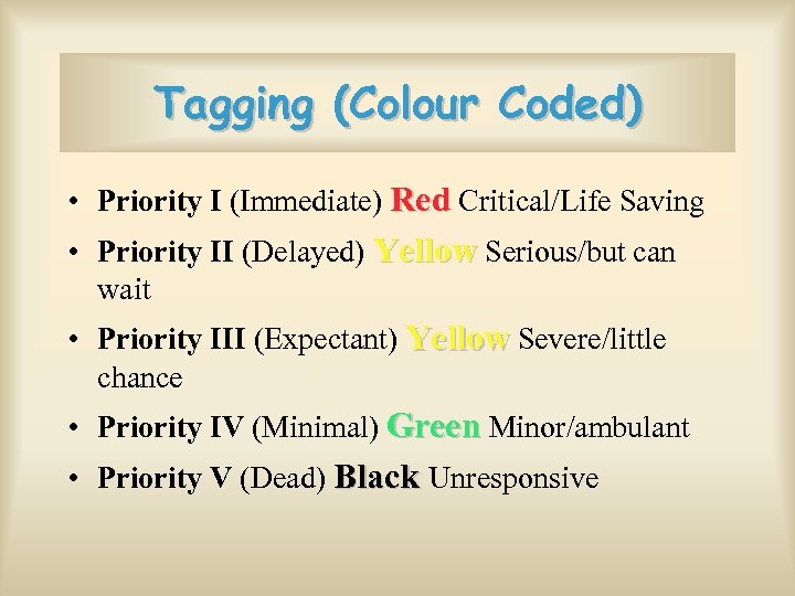 Tagging (Colour Coded) • Priority I (Immediate) Red Critical/Life Saving • Priority II (Delayed)