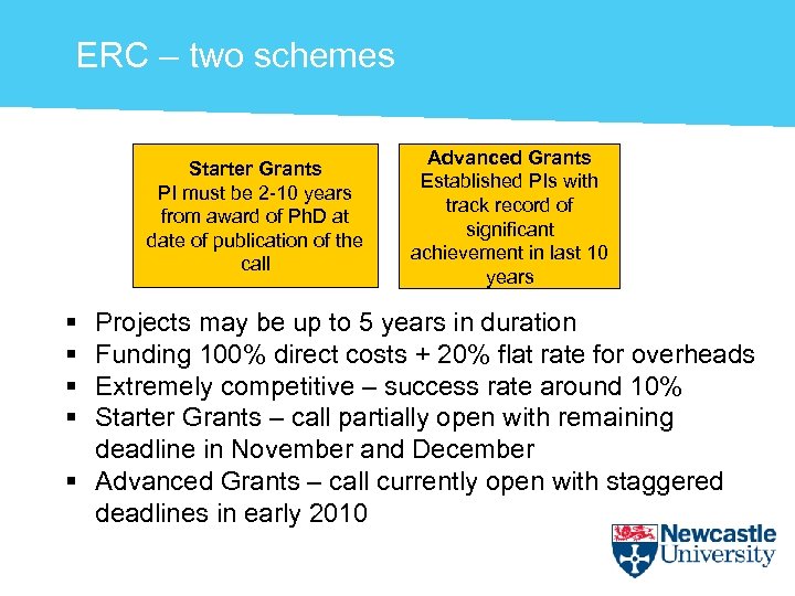 ERC – two schemes Starter Grants PI must be 2 -10 years from award