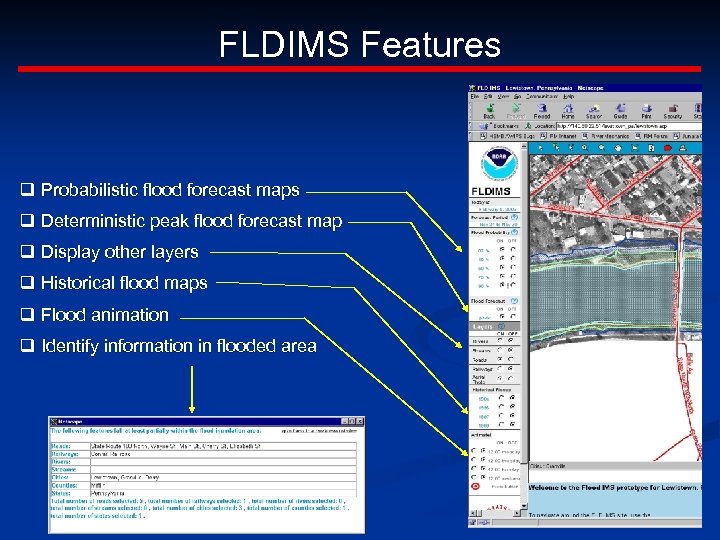 FLDIMS Features q Probabilistic flood forecast maps q Deterministic peak flood forecast map q