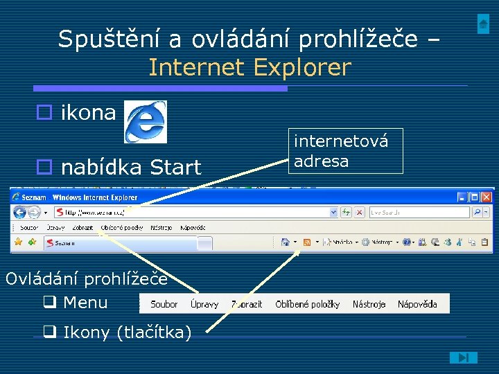 Spuštění a ovládání prohlížeče – Internet Explorer o ikona o nabídka Start Ovládání prohlížeče