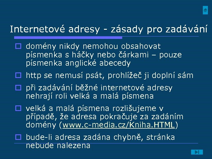 Internetové adresy - zásady pro zadávání o domény nikdy nemohou obsahovat písmenka s háčky