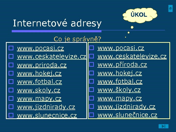 Internetové adresy o o o o o ÚKOL Co je správně? o www. pocasi.