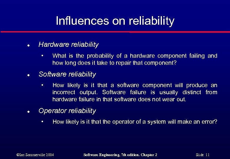 Influences on reliability l Hardware reliability • l Software reliability • l What is
