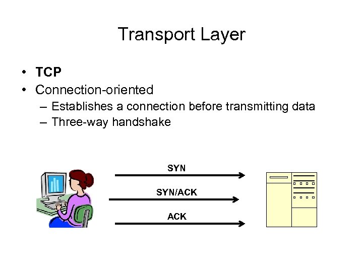 Transport Layer • TCP • Connection-oriented – Establishes a connection before transmitting data –