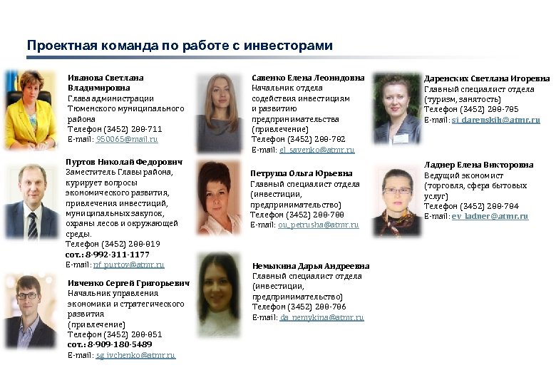 Проектная команда по работе с инвесторами Иванова Светлана Владимировна Глава администрации Тюменского муниципального района
