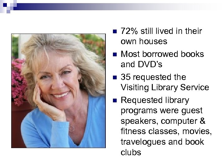 n n 72% still lived in their own houses Most borrowed books and DVD’s