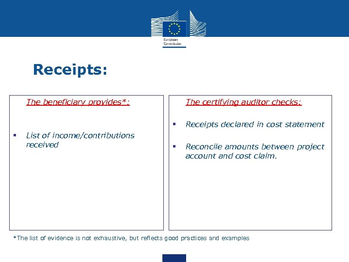 Receipts: • § List of income/contributions received • The certifying auditor checks: § The