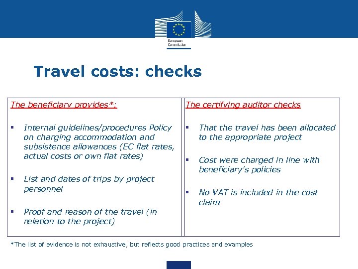 Travel costs: checks The beneficiary provides*: § § § Internal guidelines/procedures Policy on charging