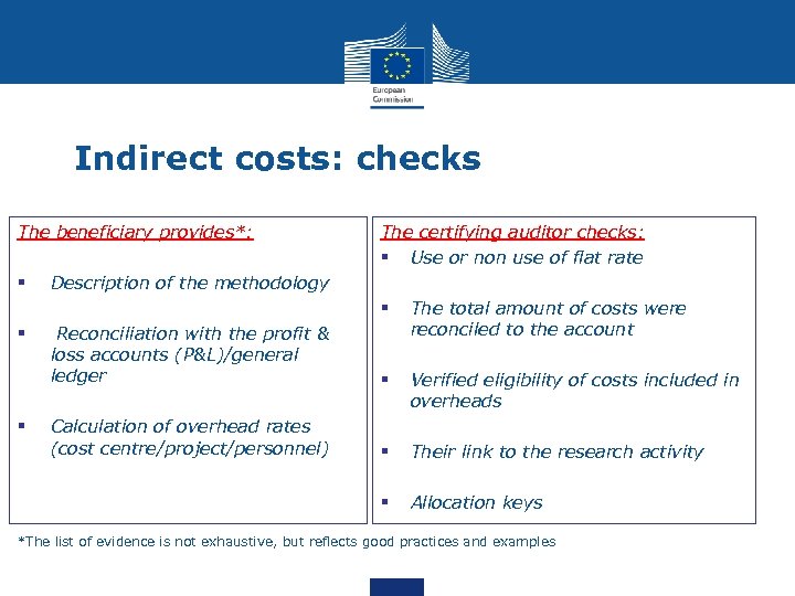 Indirect costs: checks The beneficiary provides*: § The certifying auditor checks: § Use or