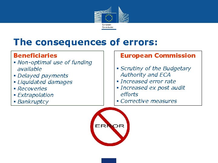 The consequences of errors: Beneficiaries § Non-optimal use of funding available § Delayed payments