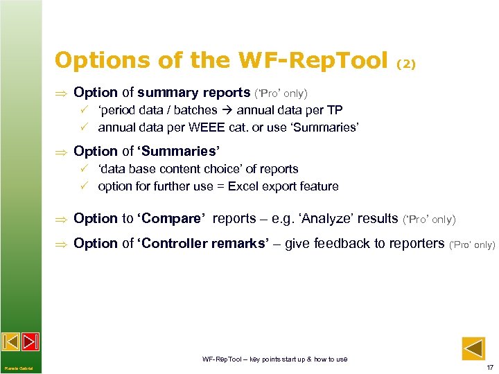 Options of the WF-Rep. Tool (2) Option of summary reports (‘Pro’ only) P ‘period