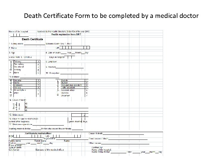 Death Certificate Form to be completed by a medical doctor 