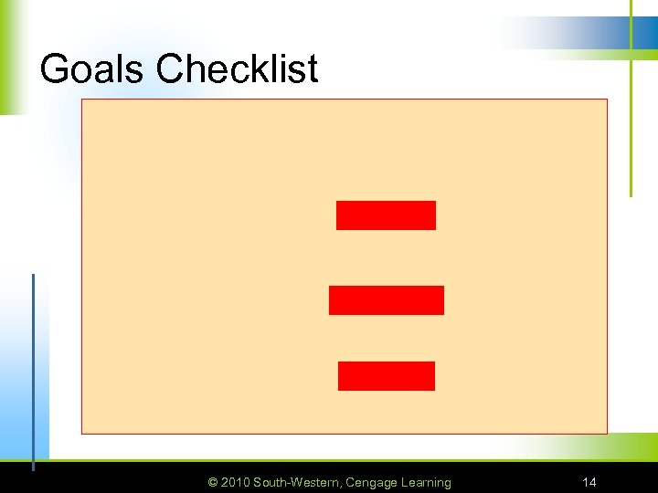 Goals Checklist © 2010 South-Western, Cengage Learning 14 