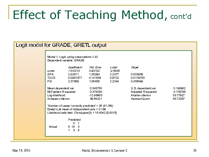 Effect of Teaching Method, cont’d Logit model for GRADE, GRETL output Model 1: Logit,