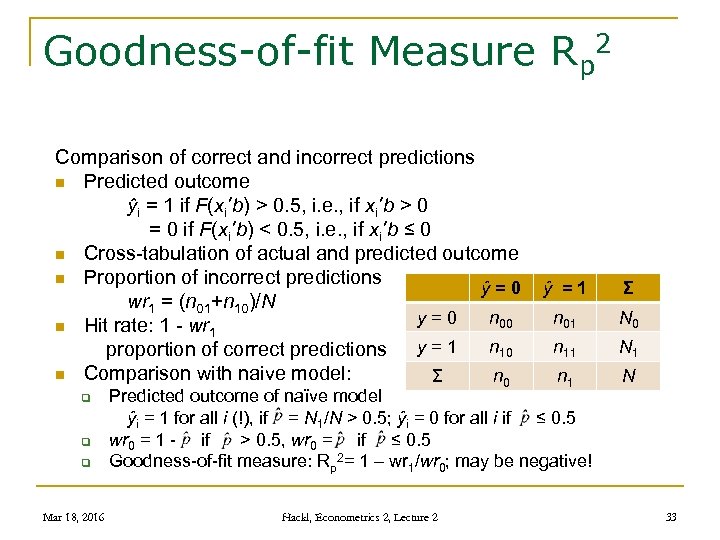 Goodness-of-fit Measure Rp 2 Comparison of correct and incorrect predictions n Predicted outcome ŷi