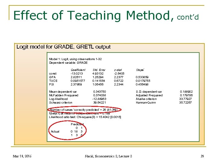 Effect of Teaching Method, cont’d Logit model for GRADE, GRETL output Model 1: Logit,