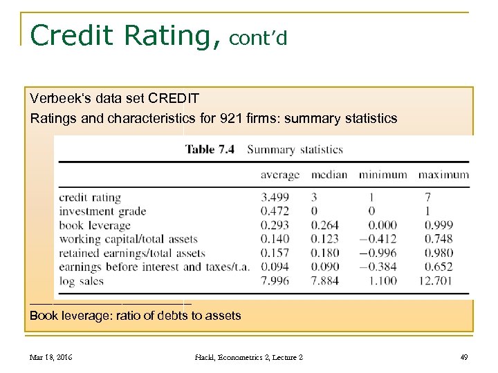 Credit Rating, cont’d Verbeek‘s data set CREDIT Ratings and characteristics for 921 firms: summary