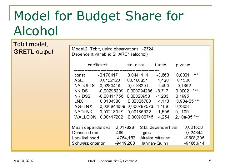 Model for Budget Share for Alcohol Tobit model, GRETL output Model 2: Tobit, using