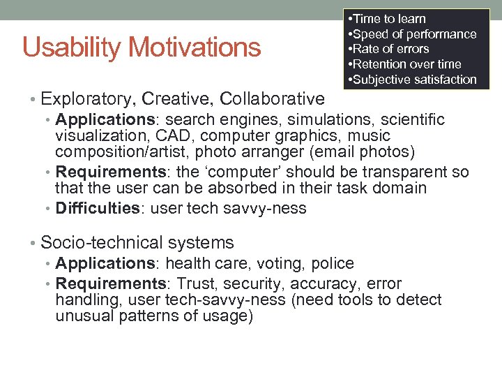 Usability Motivations • Time to learn • Speed of performance • Rate of errors