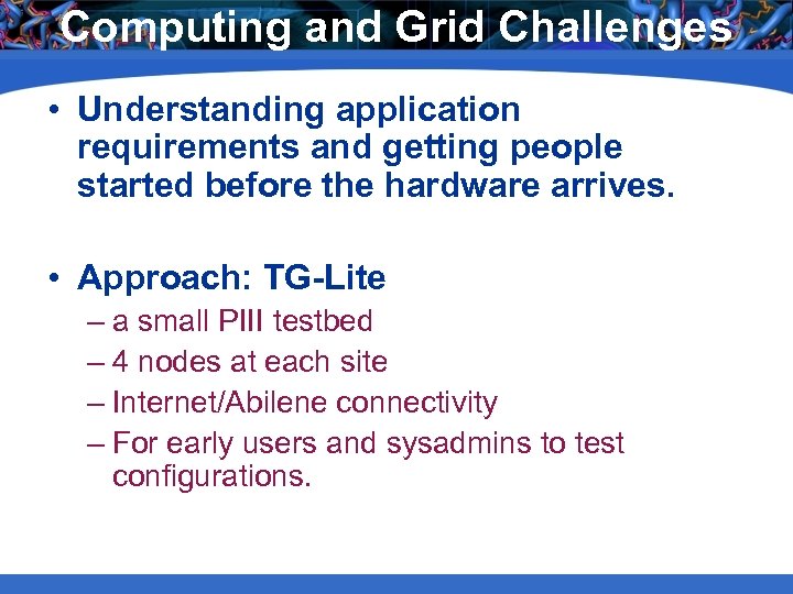 Computing and Grid Challenges • Understanding application requirements and getting people started before the