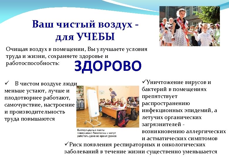 Ваш чистый воздух для УЧЕБЫ Очищая воздух в помещении, Вы улучшаете условия труда и