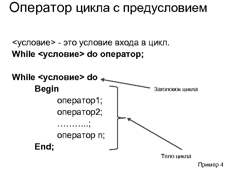 Оператор цикла с предусловием <условие> - это условие входа в цикл. While <условие> do