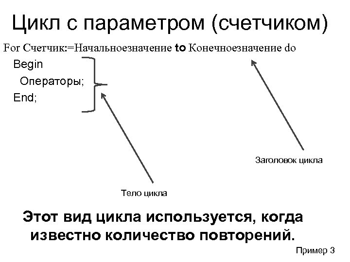 Цикл с параметром (счетчиком) For Счетчик: =Начальноезначение to Конечноезначение do Begin Операторы; End; Заголовок