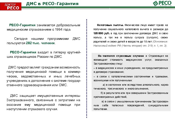 ДМС в РЕСО-Гарантия занимается добровольным медицинским страхованием с 1994 года. Налоговые льготы. Физическое лицо