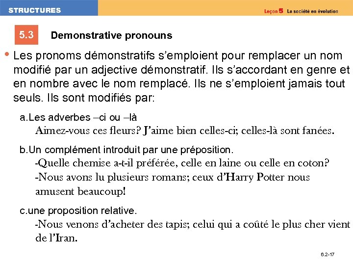 5. 3 Demonstrative pronouns • Les pronoms démonstratifs s’emploient pour remplacer un nom modifié