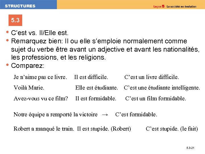 5. 3 • C’est vs. Il/Elle est. • Remarquez bien: Il ou elle s’emploie