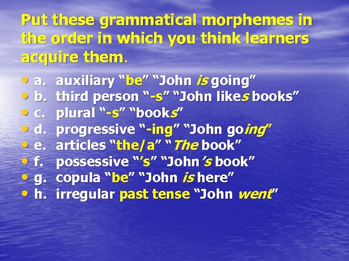 Put these grammatical morphemes in the order in which you think learners acquire them.