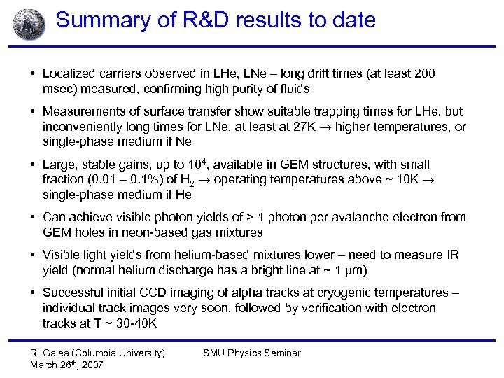 Summary of R&D results to date • Localized carriers observed in LHe, LNe –