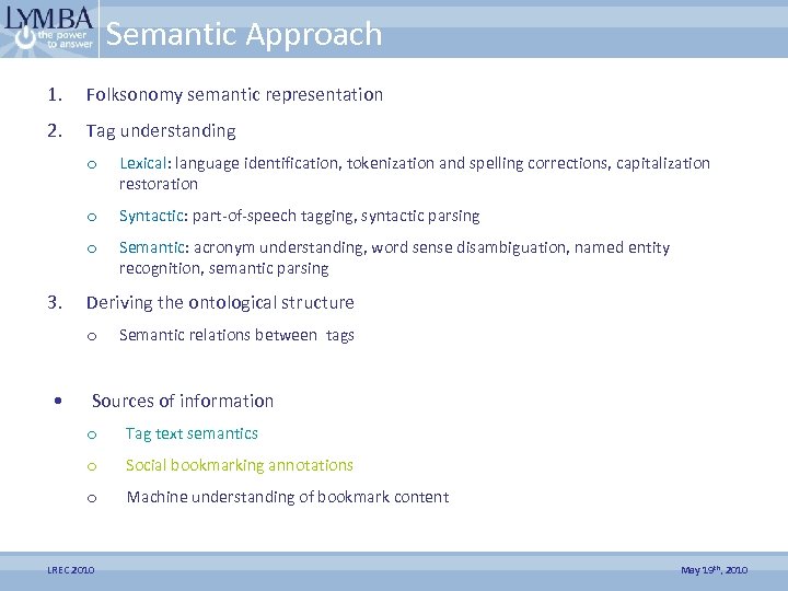 Semantic Approach 1. Folksonomy semantic representation 2. Tag understanding o o Syntactic: part-of-speech tagging,