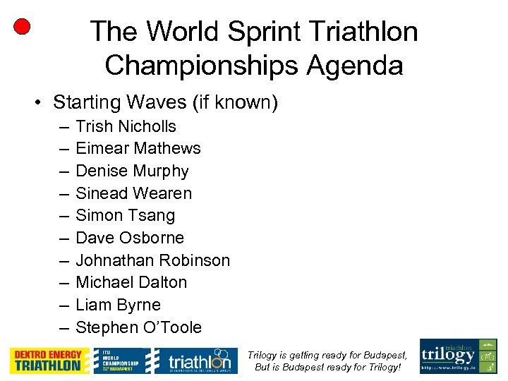 The World Sprint Triathlon Championships Agenda • Starting Waves (if known) – – –