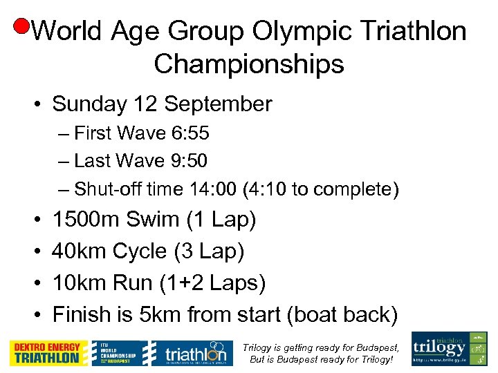World Age Group Olympic Triathlon Championships • Sunday 12 September – First Wave 6: