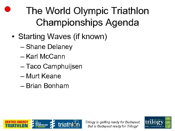 The World Olympic Triathlon Championships Agenda • Starting Waves (if known) – Shane Delaney