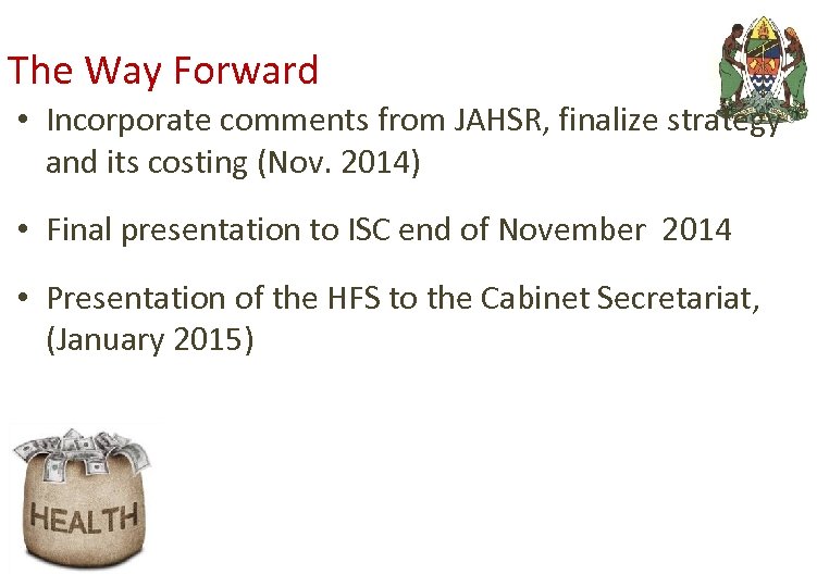 The Way Forward • Incorporate comments from JAHSR, finalize strategy and its costing (Nov.