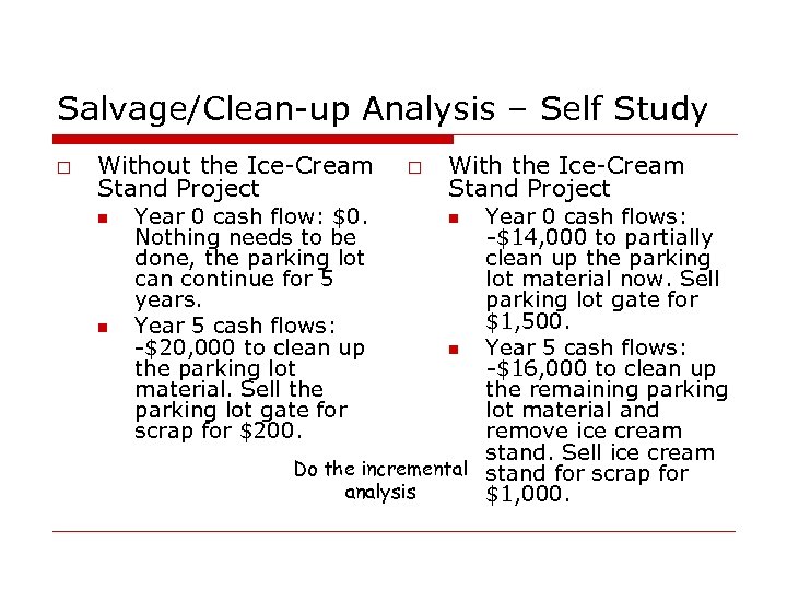 Salvage/Clean-up Analysis – Self Study o Without the Ice-Cream Stand Project n n Year