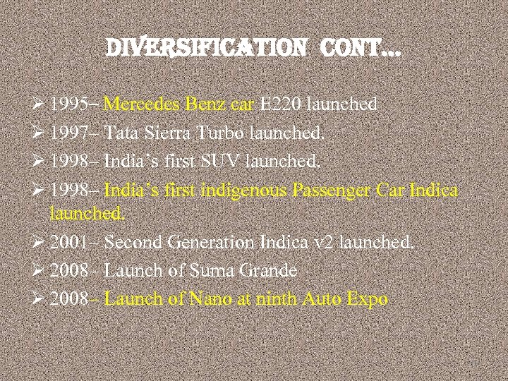 diversification cont… Ø 1995– Mercedes Benz car E 220 launched Ø 1997– Tata Sierra