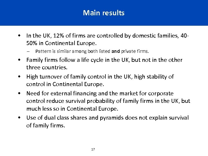 Main results • In the UK, 12% of firms are controlled by domestic families,