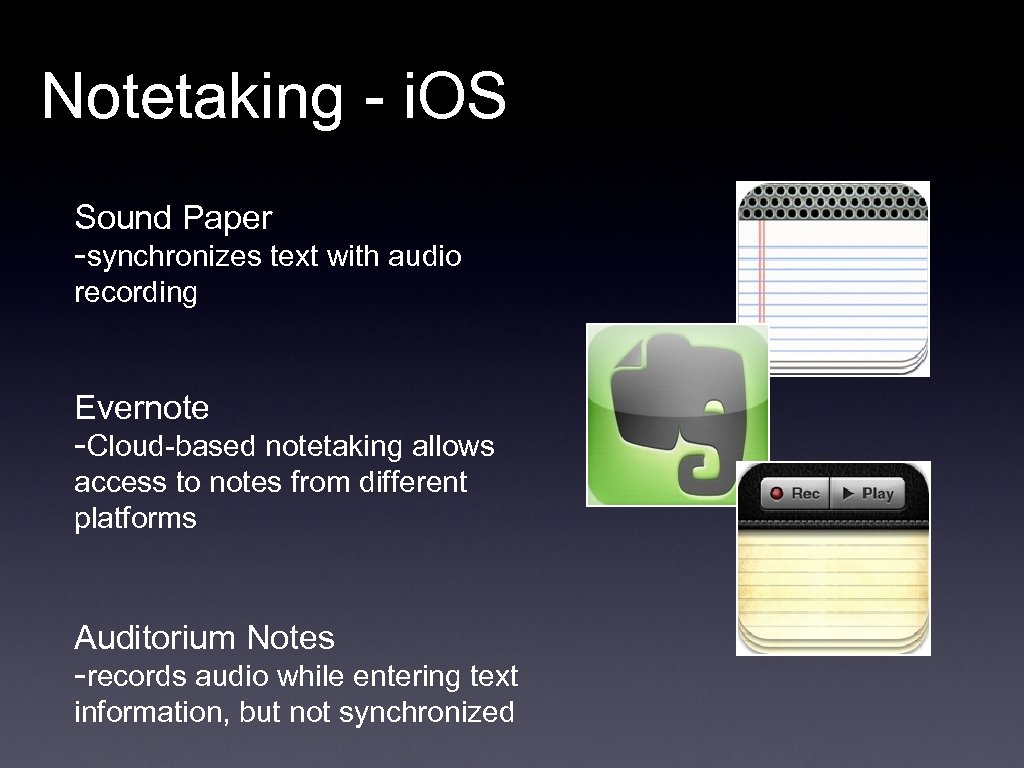 Notetaking - i. OS Sound Paper -synchronizes text with audio recording Evernote -Cloud-based notetaking