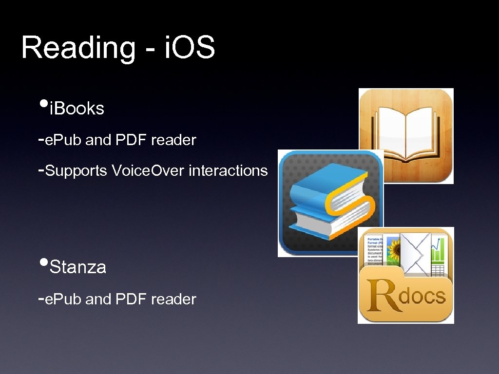 Reading - i. OS • i. Books -e. Pub and PDF reader -Supports Voice.