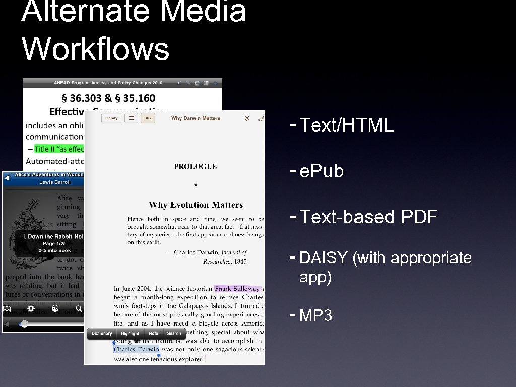 Alternate Media Workflows - Text/HTML - e. Pub - Text-based PDF - DAISY (with