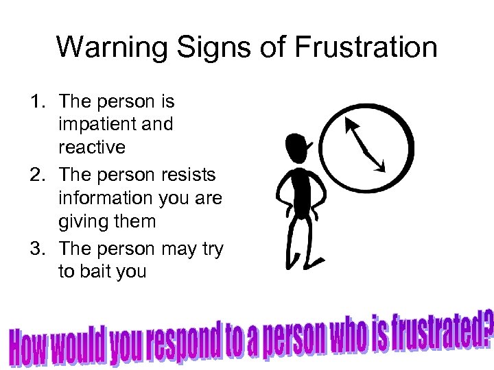 Warning Signs of Frustration 1. The person is impatient and reactive 2. The person