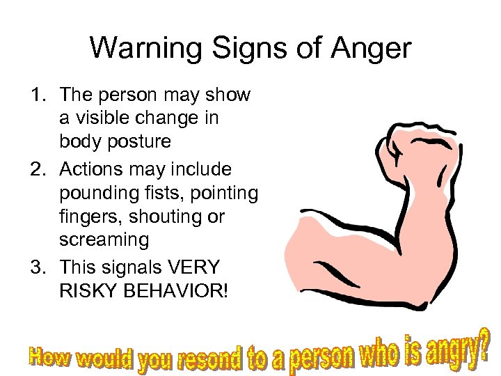 Warning Signs of Anger 1. The person may show a visible change in body