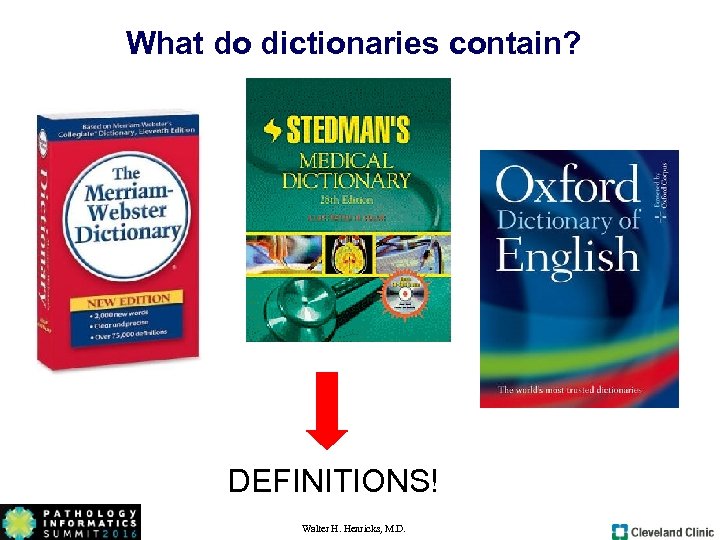 What do dictionaries contain? DEFINITIONS! Walter H. Henricks, M. D. 