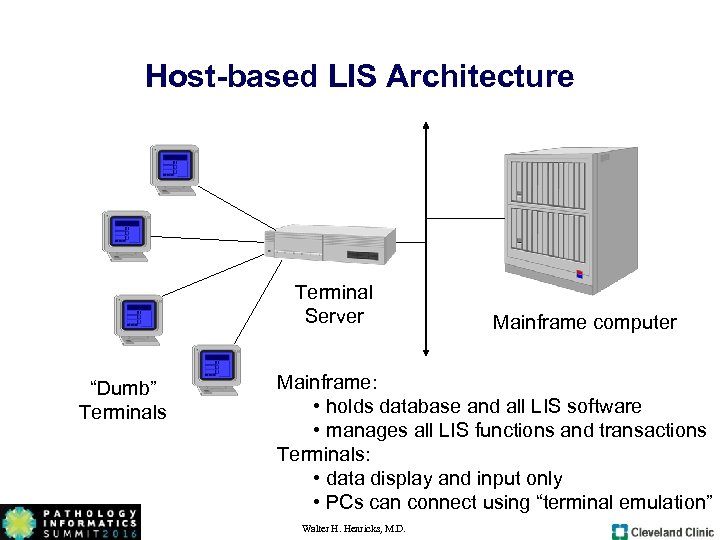 Host-based LIS Architecture Terminal Server “Dumb” Terminals Mainframe computer Mainframe: • holds database and