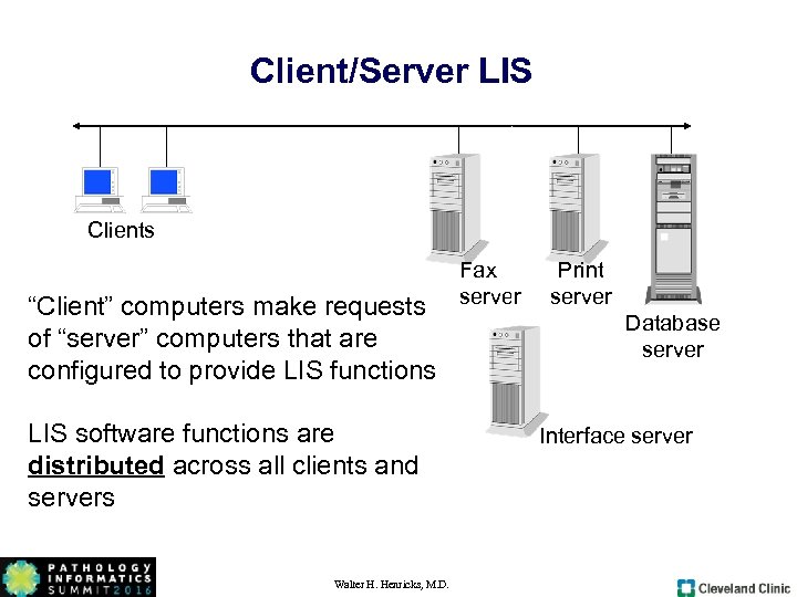 Client/Server LIS Clients “Client” computers make requests of “server” computers that are configured to